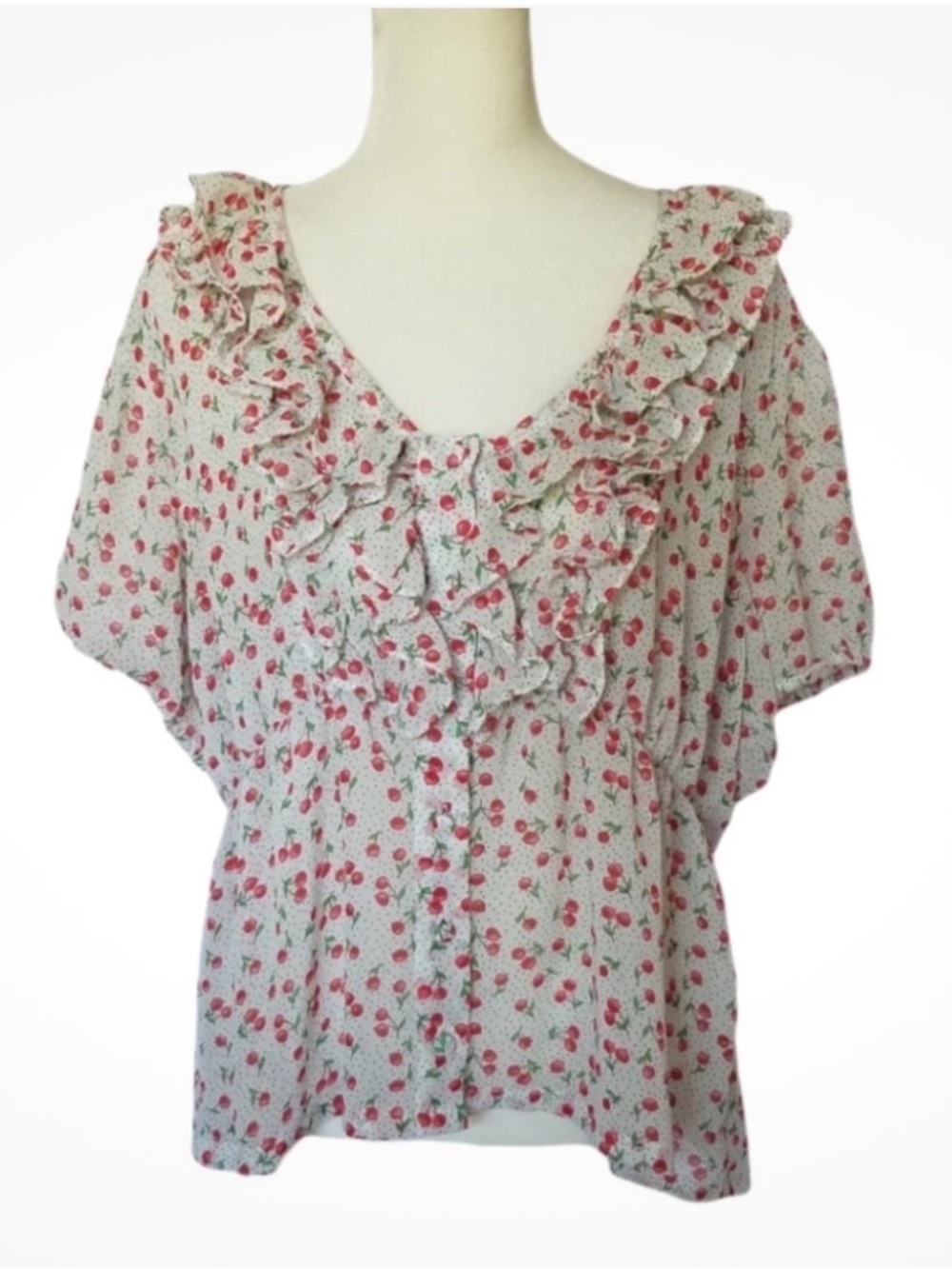 Retro cherry Ruffle V-Neck Blouse in White and red